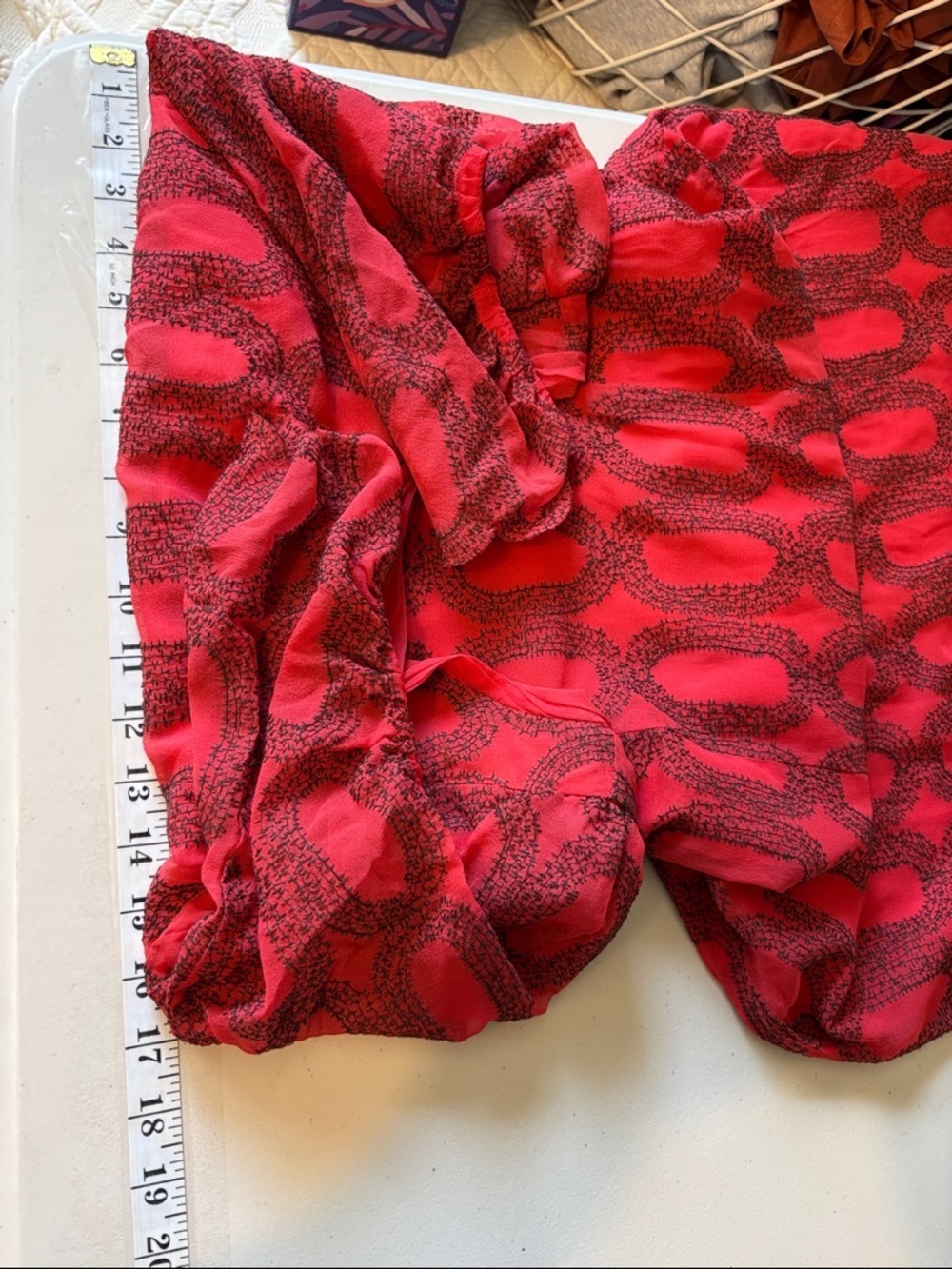 Silk Midi Dress Size Small Red Black Romantic Geometric Puff Sleeve Artsy Dainty - Picture 11 of 11
